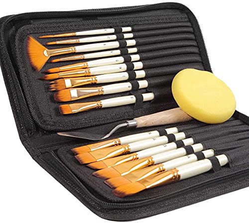 URBAN BOX Artist Paint Brush Set 15pcs Includes Pop-up Carrying Case with Painting Knife and 1 Sponge for Acrylic, Oil, Watercolor, Art, Scale Model, Face, Paint by Numbers