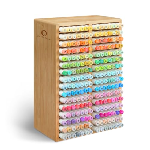 Ohuhu Bamboo Marker Organizer, Desktop Storage Hold 224 Markers for Honolulu Oahu Series of Ohuhu Markers, Pens Pencils Stationary Organizer Holder with 32 Compartments for Classroom Office Decor - style: Rounded Corner Hold 224 Markers