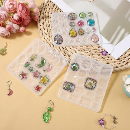 Earring Resin Mold with Holes Silicone Pendant Epoxy Mold 3 Packs | Geometric Gem Cabochon Jewelry Casting Variety Shapes Sizes for DIY Earrings Necklace Keychain Crafting Resin Supplies