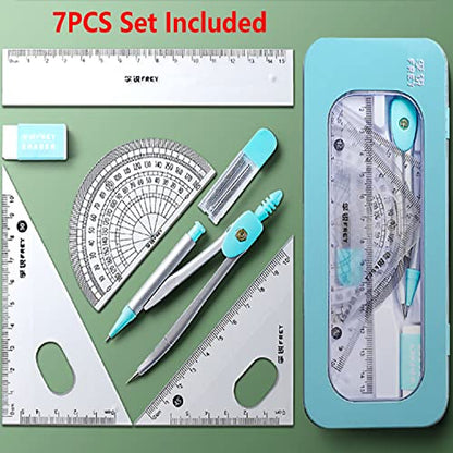Math Geometry Kit Sets 7 Piece Student Supplieswith Shatterproof Storage Box, Compass for Geometry, Protractor Set, Geometry Kit, Drawing Tools, Drafting Set （Blue）