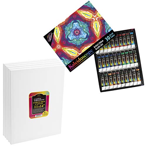 Kaleidoscope Acrylic Paint Set - Complete Professional Artist Kit of 30 Liquid Color Tubes (20ml) With Creative Inspirations Stretched Canvas 11" x 14"