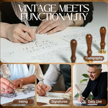 Joyeee Writing Quill and Ink Set, With Stainless Steel Replaceable Nibs, Sliver Metal Carving Pen Holder, Feather Pen Ink for Beginners and Calligraphy Enthusiasts, Retro Writing and Drawing Tool - color: Beige Quill Pen Set