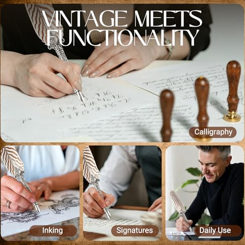 Joyeee Writing Quill and Ink Set, With Stainless Steel Replaceable Nibs, Sliver Metal Carving Pen Holder, Feather Pen Ink for Beginners and Calligraphy Enthusiasts, Retro Writing and Drawing Tool - color: Beige Quill Pen Set