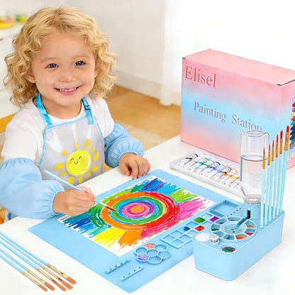 Elisel Painting Station,5 IN 1 Art Paint Supplies Kits,Paint Brush Cleaner (Upgraded),Silicone Painting Mat 12 Colors Paint Set,10 Paint Brushes,Painting Apron for Kids Artist Beginners (Blue, 5) - color: Blue