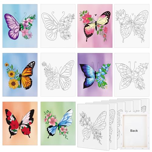 COCHIE 6 Pack 11x14 Inches Butterfly Flower Pre Drawn Canvas to Paint for Sip and Paint Party, Pre Printed Framed Canvases Set, Butterflies Pre Sketched Canvas for Painting for Adults Kids - size: 11x14 Inches, style: Butterfly