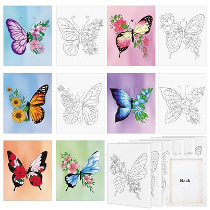 COCHIE 6 Pack 8x10 Inches Butterfly Flower Pre Drawn Canvas to Paint for Sip and Paint Party, Pre Printed Framed Canvases Set, Butterflies Pre Sketched Canvas for Painting for Adults Kids - size: 8x10 Inches, style: Butterfly