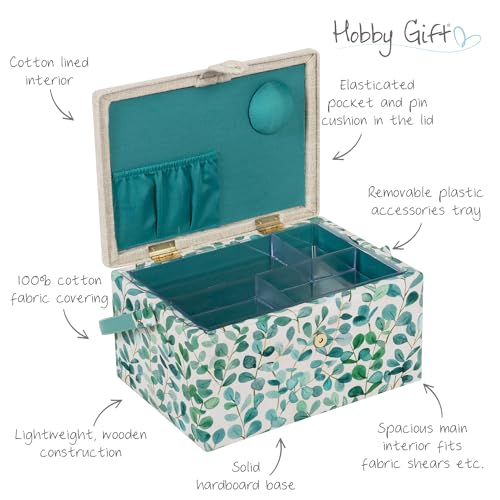 Hobby Gift Medium Sewing Box Organiser, Fabric Covered Storage Box with Handle, Internal Tray, Pin Cushion and Pocket for Sewing, Quilting and Knitting Supplies - color: Eucalyptus