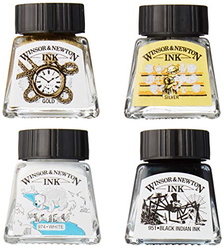 Winsor & Newton Collection Drawing Ink Set, Set of 4, Black, White, Metallic Tones - style: Metallic Tones