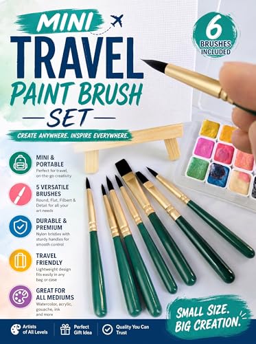 6-Piece Mini Travel Watercolor Brush Set–Flat & Round Paint Brushes Portable Tiny Brush for Watercolor, Oil, Acrylic Painting