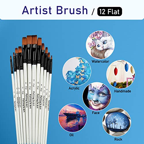 Falling in Art Paint Brushes Set, 12 PCS Nylon Professional Flat Paint Brushes for Watercolor, Oil Painting, Acrylic, Face Body Nail Art, Crafts, Rock Painting - size: 12 Pcs Flat Nylon
