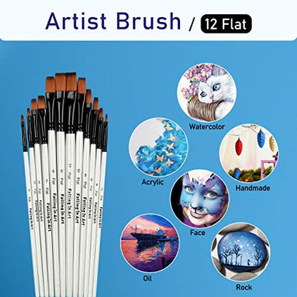 Falling in Art Paint Brushes Set, 12 PCS Nylon Professional Flat Paint Brushes for Watercolor, Oil Painting, Acrylic, Face Body Nail Art, Crafts, Rock Painting - size: 12 Pcs Flat Nylon