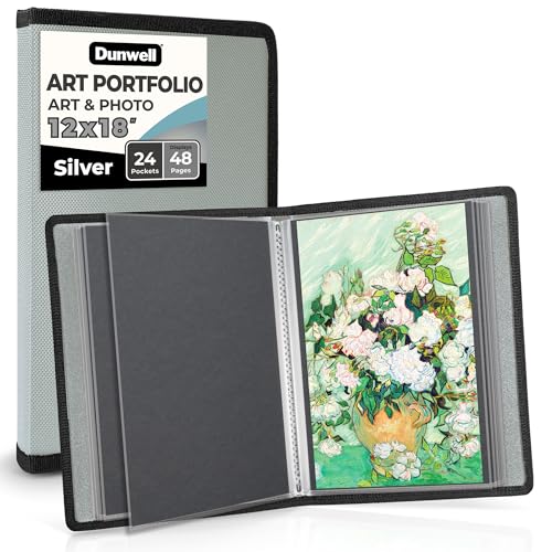 Dunwell 12x18 Art Portfolio Binder with Mounting Paper (Silver), Large Portfolio Folder for Artwork Storage, 24 Clear Sleeves Display 48 Pages, Acid-Free Poly 12 x 18 Presentation Book - color: Silver, size: 12x18" w/ BLK Paper