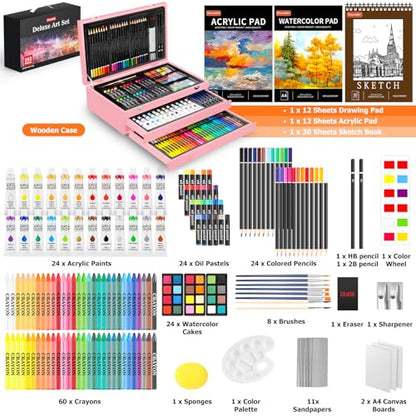 Soucolor Mother Day Birthday Gifts, Art Kits Art Sets, Aesthetic Cute Preppy Stuff Art Supplies, 192-Pack Deluxe Drawing Stuff with Acrylic Pad, Watercolor Book and Sketch Book, Canvases, Brushes - color: Pink