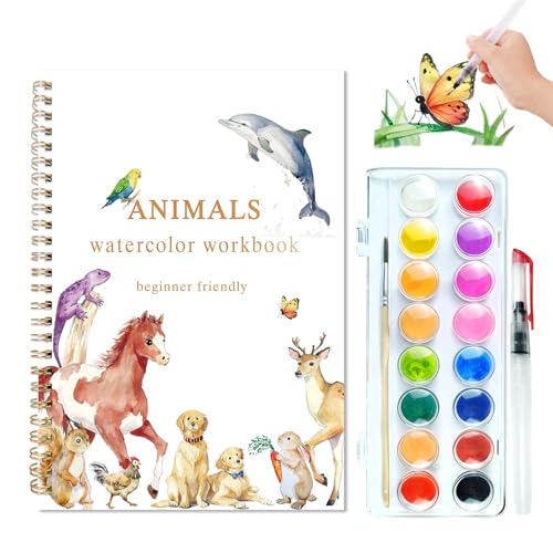 Animals Watercolor Workbook, Watercolor Painting Book Kit | Includes 12 Paintings, Spiral Bound, 16-Color Paint Set With Cap Palette, Beginner-Friendly, Relaxing Art Kit For Adults Gift - color: B-Animals with 16 paints