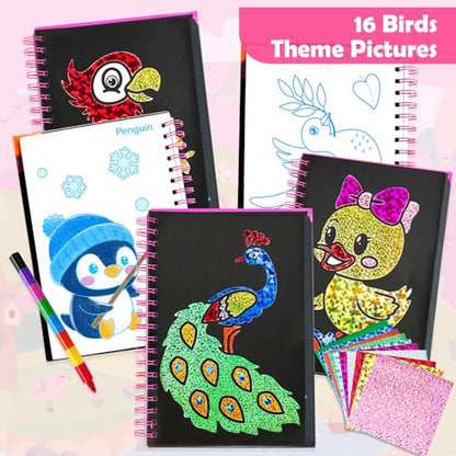FUNNYB&G Foil Art Craft Kit for Girls 4-10 Years Old: Mess-Free & No-Glue, Create 16 Sparkly Birds Pictures – Perfect Travel Toy & Birthday Gift for Kids (Birds) - style: Birds
