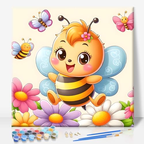 Camocin Framed Paint by Numbers Kit for Kids Ages 4-12 - Bee Theme DIY Acrylic Painting Set with Frame for Beginners, Complete Art Kit with Canvas, Brushes & Paints - 10x10 Inch Home Decor Gift - color: Bee-1