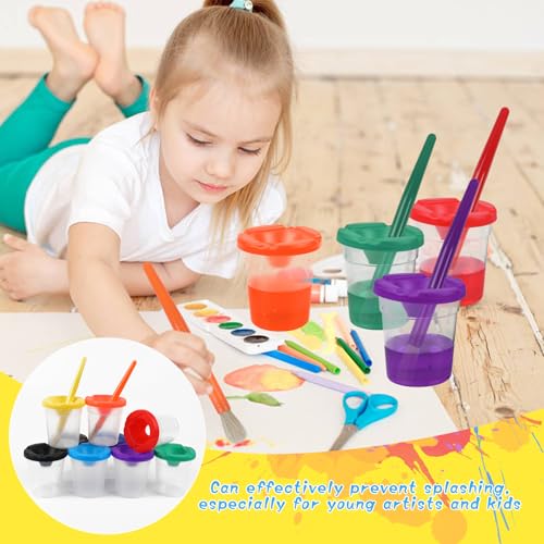 DIYASY No Spill Paint Cups with Lids, 10 Pcs Spill Proof Painting Containers and 10 Round Paint Brushes Kids Art Craft Class Home Supplies 10 Colors