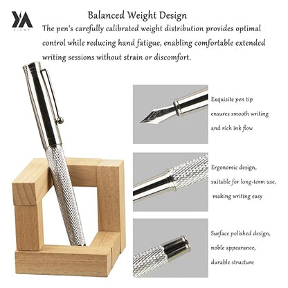 Fancy Fountain Pen Set – Fine & Medium Nibs, Includes 18 Ink Cartridges, Ink Converter, Syringe Filler, Luxury Gift for Writing, Journaling & Calligraphy，Silvery - color: silvery