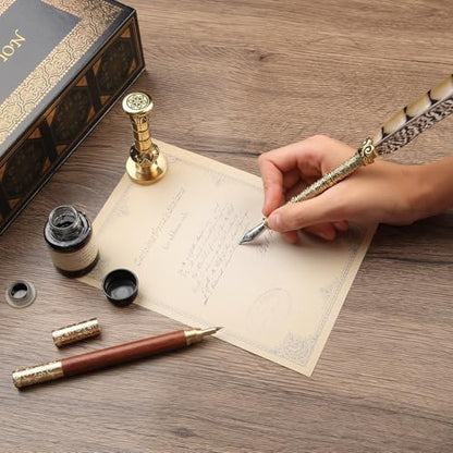 Calligraphy Pen Set - Feather Dip Pen,Dual Tip Calligraphy Fountain Pen | Stamp, Wax Candle, Pen Base, Ink Bottle, Ink Cartridges L492