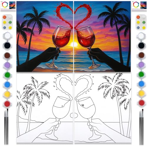 PAILIM 2 Pack Sip and Paint Kit for Adults Couples Painting Kit Pre Drawn Canvas to Paint at Home Date Night Party Favor Supplies Art Painting Set Seaside Clink Glasses Couples Activity 8x10 - style: Essential Painting Kit