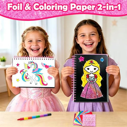 FUNNYB&G Foil Art Craft Kit for Girls 4-10 Years Old: Mess-Free & No-Glue, Create 16 Sparkly Princess Unicorn Pictures – Perfect Travel Toy & Birthday Gift for Kids (Princess) - style: Princess