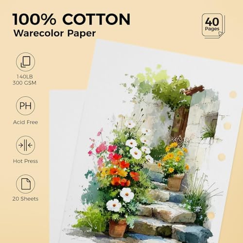 Lightwish Watercolor Sketchbook 100% Cotton, 300gsm (140lb) - 6.69" x 3.94" Hot Press Watercolor Paper Journal Notebook - 20 Sheets with PU Leather Cover for Drawing Mixed Media - color: brown