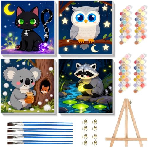 4 Pack Paint by Numbers Kit for Kids with Frame,Cute Animals Kids Paint by Numbers Ages 4-8-12 with Wooden Easel,Easy DIY Acrylic Oil Painting by number Aniamls for Gift Home Wall Decor(8x8 inch) - color: BKH2044+BKH2045+BKH2046+BKH2047