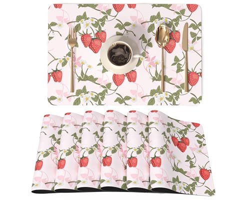 QiyI Placemats Set of 6, 12x18 Inch Faux Leather Place Mats for Kitchen Dinning, Heat Resistant Anti Slip Pink Table Mats, Waterproof Wipeable Washable Placemat Party Table Décor, Sweet Strawberry - color: Sweet Strawberry, size: Set of 6