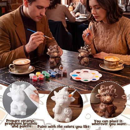 Poen 2 Set Coffee Highland Cow Ready to Paint Your Own Statue Sweet Coffee Lover Gift 4" Mini Paintable Ceramics Blank Cow Figurine Brush Palette Paint for Craft DIY Home Decor Adult Mother's Day - style: Coffee Highland Cow