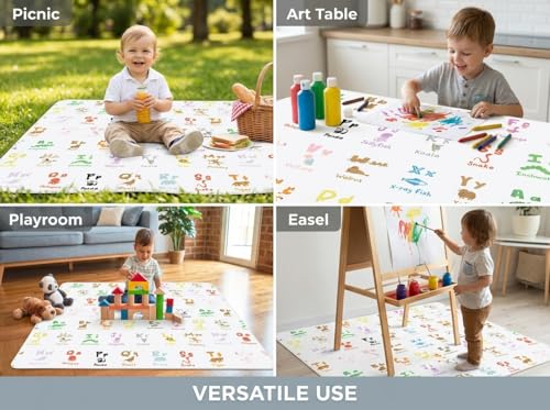 51" Splat Mat for Under High Chair/Arts/Crafts, WOMUMON Baby Washable Spill Mat Waterproof Anti-Slip Floor Splash Mat, Portable Play Mat and Table Cloth - color: Zoo Alphabets