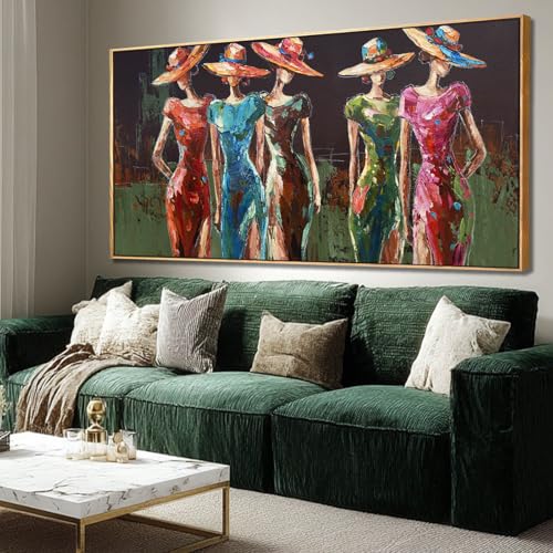 Large Framed Wall Art Women With Hats Colorful Pictures for Walls Girl Figure Canvas Print Arts Artwork Paintings Home Decor 29"x58" - color: Green and Pink, size: 58"L x 29"W