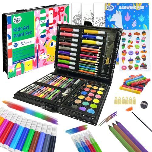 KIDDYCOLOR Kids Art Set, Drawing Art Supplies for Girls & Boys Ages 4-8 with Watercolor Cakes, Oil Pastels, Colored Pencils, Ideal Gift for Young Artist, Black-87pcs - color: Black-87pcs, style: 87pcs