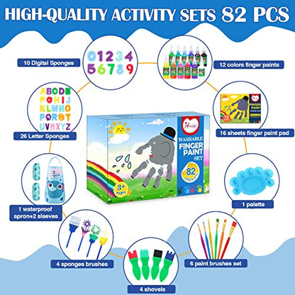AROIC 82 Pack Washable Finger Paint Set, 12 Color Finger Paints 1 oz Each, Sponges, Painting Brushes, Waterproof Painting Apron, Palette Paper Drawing Gifts for Adults - style: 82pcs