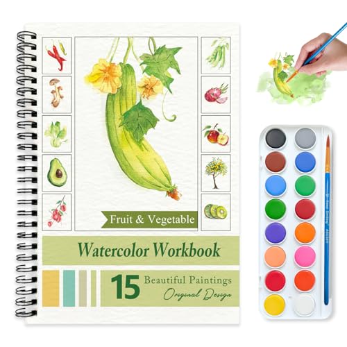 Watercolor Workbooks for Adults Beginners & Teens, 16 Colors 15 Beautiful Paintings, Pre-Outlined Designs, Easy Watercolor Art Book（Fruits & Vegetable） - color: Fruits & Vegetable, size: with palette