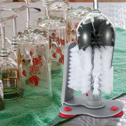 LemonRoad 4 Pack Cup Washer Brush for Sink, 7.48" x 4.92" x 7.48" Double Bristle Glass Washer with Suction Base, Hands-Free Cup Cleaner for Wine Glasses, Beer Mugs, Tumblers, Kitchen Bar Restaurant