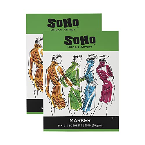 SoHo Marker Paper Pads 9"x12" 2 Pack, 50 Sheets - 24 lb (90gsm) Smooth & Heavyweight, Acid-Free, Bleed Resistant Drawing Papers, Ideal for Sketching, Color Blending, Mechanical Pencils - size: 9x12" - Pack of 2