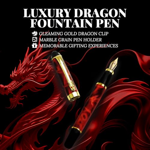 YUNCHUN Red Dragon Fountain Pen for Writing, Refillable Luxury Metal Pens, Fancy Ink Pen with 10 Black and 10 Blue Ink Refills, Gift Sets for Men and Women, Business Writing Pen with Marble Grain - color: Red Marble Grain