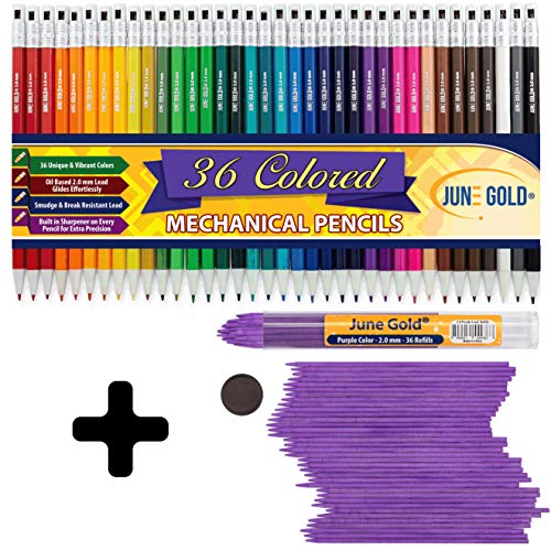 June Gold 36 Purple Lead Refills and 36 Assorted Colored 2.0 mm Mechanical Pencils in 36 Unique Colors