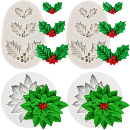 4 Pieces Christmas Holly Leaf Silicone Mold Leaf Shaped Fondant Mold Leaves Chocolate Dessert Molds for Baking Chocolate Candy Sugar Cake Decorations - color: Holly Leaf Molds