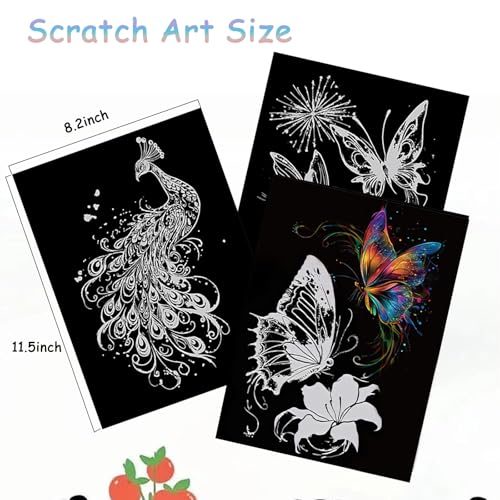 Scratch Art Paper for Adults, 8 Sheets 11.2 x 8.2 inches,Rainbow Scratch Art DIY Craft Gift 5 Paint by Scratch Tools （ Butterfly & Peacock） - style: Butterfly & Peacock
