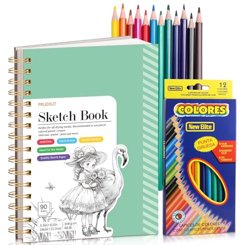 Sketch Book with 12 Color Pencil Set, 90 Sheets Spiral Sketchbook for Drawing (68lb/100gsm), Acid-Free Sketch Pad for Artist, Art Paper Drawing Supplies for Gifts(Green) - color: Green, size: 5.5×8.5 Inch (1 Pack)