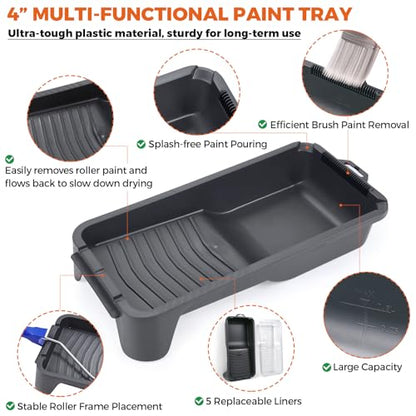 20pcs Small Paint Roller Kit, 4“ 2” Mini Roller Paint Brush with Special Caved-in Edge Foam, Microfiber Rollers and Versatile Paint Tray for Painting Walls, Cabinet, Touch up