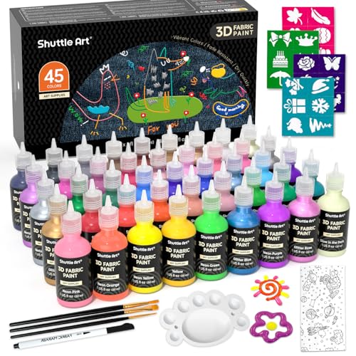 Shuttle Art Fabric Paint Set, 45 Colors 3D Permanent Paint with Brushes Palette Pen Fabric Sheet Stencils, Glow in The Dark, Glitter,Metallic Colors for Textile Fabric T-shirt Jeans Glass - color: 45 Colors