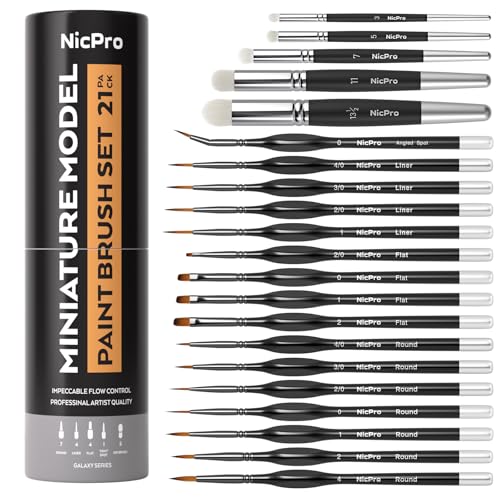 Nicpro Miniature Paint Brushes Drybrush - 21PCS Model Paint Brush Set for Acrylic Oil Watercolor, Detail Paint Brush Dry Brush for Model, Miniature Painting, Paint by Numbers, Craft - with Container - style: 21 Pack (Detail+Drybrush)