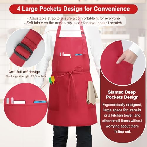 SHEOMERN 3 Pcs Dual Waterproof Oilproof Kitchen Chef Aprons with 4 Pockets for Men Women, Adjustable Soft Anti-Tear Cooking Bib Apron for Baking Grilling BBQ Painting Cleaning (Red) - color: Red