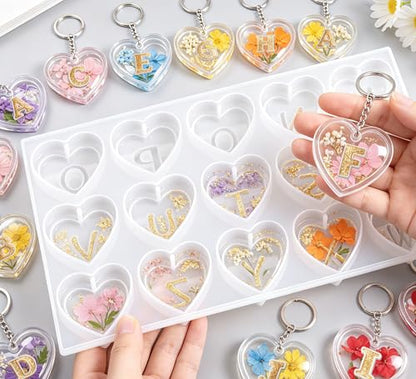 GEOCCI Keychain Resin Molds, 27 Cavities Heart-Shaped Alphabet Resin Mold Kit for Keychain, Pet Tag, Crafts Making（Silicone Products with Holes）