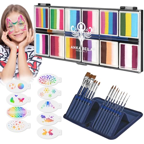 Anka Bella Professional Face Painting Kit for Kids,12X10gm Water Activated Rainbow Cake Face Paint with Stencil & Brushes,Hypoallergenic & Non-Toxic,Gift for Birthday Parties/Halloween/Carnival - color: Rainbow Valley set