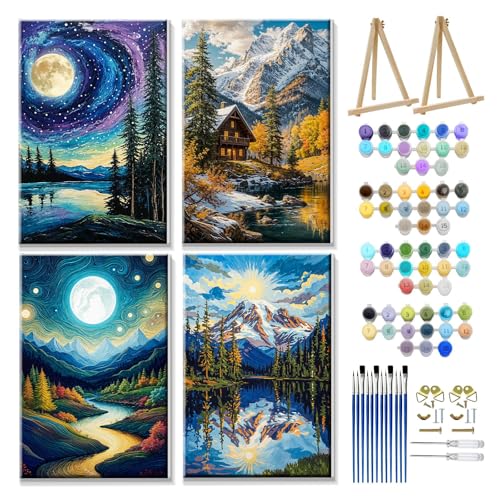 JOOZ 4 Pack Paint by Numbers Kit for Adults with Frame Mountain Paint by Number with Easel DIY Moon Adult Paint by Number Kits Sunset Lake Oil Painting Kits for Home Wall Decor 8x12 Inch - color: Mountain 008