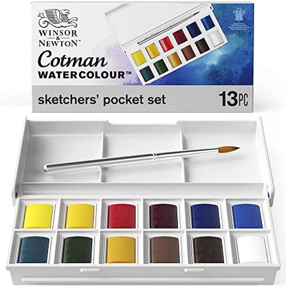 Winsor & Newton Cotman Watercolor Paint Set, Sketchers' Pocket Set, 12 Half Pan w/ Brush - style: 12 Half Pan Sketchers Pocket Set