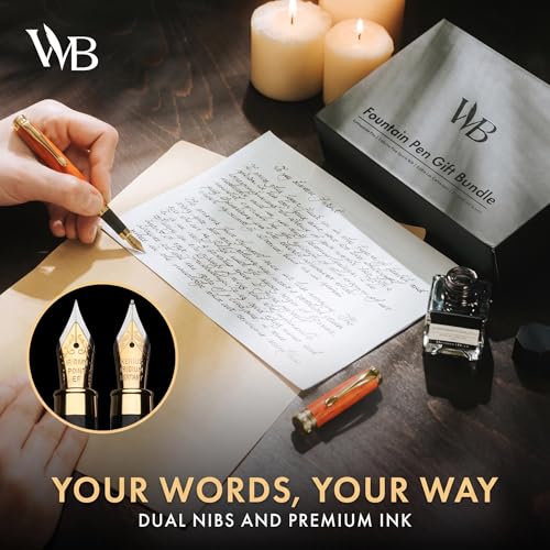 Wordsworth & Black Fountain Pen Set, Luxury Bamboo Wood - Medium Nib, Extra Fine Nib, Gift Case; 25ML Black Ink Bottle, 6 Ink Cartridges, Refill Converter - Calligraphy, Writing [Cherry Wood] - color: Cherry Wood